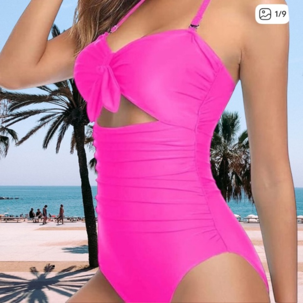 Tempt Me Swimsuit One Piece Halter Ruching Cut Out Hot‎ Pink Size Medium 8 10